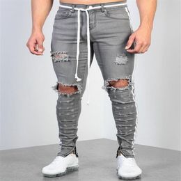 Mens Ripped Ribbon Grey Skinny Jeans Fashion Designer Hi-Street Distressed Denim Joggers Knee Holes Washed Destroyed Slim Fit Pant2406