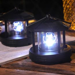 Lawn Lamps Black Solar Powered Lighthouse Shape Light Plastic LED Rotating Landscape Beam Lamp for Garden Yard Lawn Decoration P230406