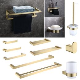 Bath Accessory Set Brushed Gold Towel Ring Holder Bar Rack Brush/Paper Storage Shelf Glass Cup Dish Robe Clothes Hook Stainless Steel