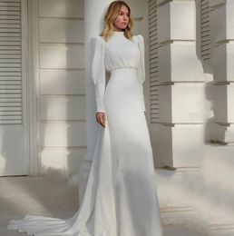 Modern High Neck White Chiffon Wedding Dress For Women Long Lantern Sleeve Pleats Elegant A-line Bride Gown Button Sweep Train