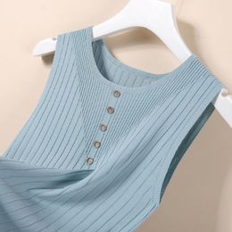 Camisoles Tanks Women's Inner Silk Bottom Top Summer Tank Top Casual Tank Top O-Neck Button Solid Sleeveless Knitted Tank Top 230407