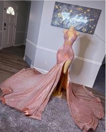 Pink Sparkly Sequins Prom Dresses Sexy Celebrity Met Gala Dress Slit Evening Party Gowns