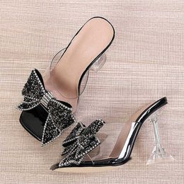 New Slippers New Transparent Slippers for Women Fashion Silver Crystal Bowknot High Heels Female Mules Slides Summer Sandals Shoes 230406