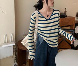 Women's T Shirts V-neck Knitted Long Sleeved Top For Women In Early Spring And Autumn With Contrasting Striped Loose Slimming Bottom