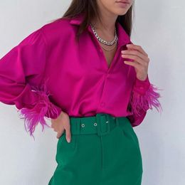 Women's Blouses 2023 Womens Spring Fashion Casual Blouse Hundred Of Ice Silk Feathers Stitching Design Ostrich Feather Sexy Shirt Tops