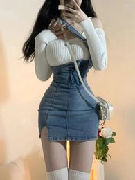Casual Dresses 2023 Autumn Knitted Suits Women Y2k Sweater Fashion Jean Dress 2 Piece Set Korean Clothing Chic
