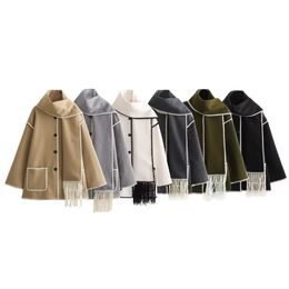 Women's Jacket's Wool Blends Contrast Single Breasted Women Coat With Scarf Long Sleeve Oversized Loose Tassles Jacket 2023 Autumn Winter Fashion Casual Tops XS-L