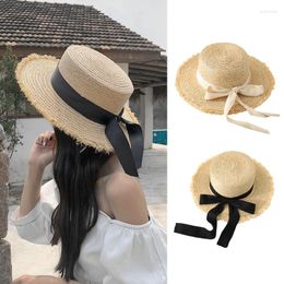 Wide Brim Hats Straw Sun Hat For Women Outdoor Activities Ribbon Bow Cap UV Protection Summer Beach SeashoreWide