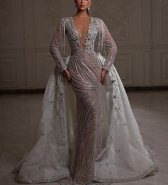 Sexy Mermaid Wedding Dresses Long Sleeves V Neck Beaded Sequins Appliques 3D Lace Diamonds Detachable Train Hollow Bridal Gowns Plus Size Vestido de novia Custom