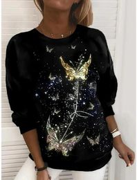 Women's Hoodies Autumn 3d Sweater T-Shirt Pullover Long-Sleeved Top Golden Butterfly Print Y2k Style Oversized Loose Female Clothing