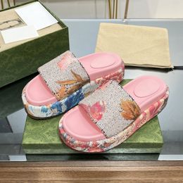 Woman Floral Slide Sandal Macaron Slippers Thick Bottom Mules Chunky G House Slipper Multicolored Print Canvas Beach Flip-flops