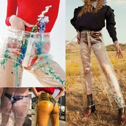 Women's Pants Fashion PVC Plastic Waterproof Trousers See Though Unique Transparent Solid High Waist Wide Leg Loose Pant Streetwear