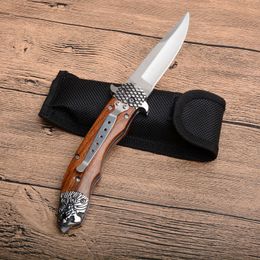 High Quality Lion Auto Tactical Folding Knife 8Cr13Mov Satin Blade Wood Handle Outdoor EDC Pocket Knives With Nylon Sheath