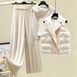 Women's Two Piece Pants Winter Warm 3 Set Women Pullover Sweater Wide Leg Lamb Wool Vest Outfits Knitted Suit Tracksuit Womens Clothing 231107