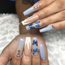 False Nails 24Pcs/Box Blue Butterfly Design French Ballerina Coffin Detachable Wearable Full Cover Press On Nail Fake Tips