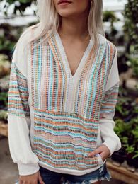 Women's Hoodies Gypsylady Striped Casual Knitted White Sweatshirt Multicolor Long Sleeve Loose Patchwork V-Neck Women Ladies Top