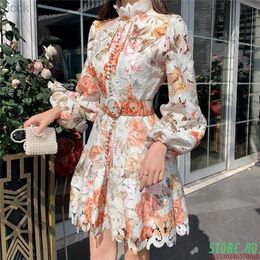 New Casual Dresses High-End Custom Floral Embroidery Hollow Out Lace Dress Women Ruffles Stand Collar Lantern Sleeve Single-Breasted Mermaid M230407