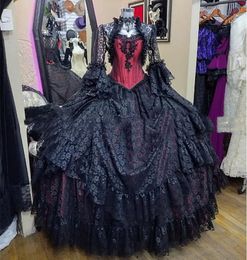 Black And Red Gothic Wedding Dress Floor Length Ball Gown Lace Long Sleeves Bridal Gowns Mediaeval Steampunk Victorian Vintage Bride Dresses