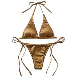 Swim wear Sexy Women's Metal Strap Top Two Piece Swimwear Tie Triangle Bikini Summer Solid Swimwear Beach Suit Bikini Set 230406