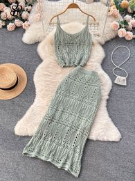 Two Piece Dress SINGREINY Bohemian Resort Beach Knitted Set Women's Camis Short TopLong Coat Hollow Summer Two Piece Set 230407