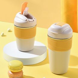 Water Bottles 350ml 480ml stainless steel Coffee cup straw Coffee cup leak proof thermos travel office drink 230407