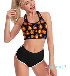 Yoga Outfit Cute Pumpkin Sport Bra U Neck Scary Halloween Training Padded Raceback Crop Bras Active Gathering Top For Girls