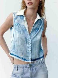 Women's Blouses Blue Denim Print Shirt Women Sleeveless Satin Blouse Female Crop Top Spring Button Up Shirts And For