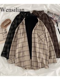 Women's Blouses Shirts Women's plain patterned oversized shirt Women's Korean fashion long sleeved shirt Top casual coat Retro plaid women's shirt 230407