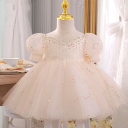 Champagne pearls Flower Girls Dresses for wedding princess new baby Cap Sleeves Baby Girl Birthday Party Christmas Communion Dresses Children Girl Party Dresses