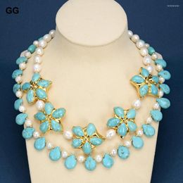 Pendant Necklaces GuaiGuai Jewellery 2 Rows Natural Cultured White Rice Pearl Blue Turquoises Flower Necklace Handmade For Women