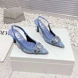 Festival GiftsAdvanced New Denim Pointed Back Air Super High Heel Metal Decorative Pointed Fashion Show Sandals