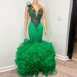 Green Prom Mermaid Ruffles Skirt Black Girls Rhinestone African Evening Birthday Party Dress
