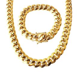 Stainless Steel Jewellery Set 18K Gold Plated High Quality Cuban Link Necklace & Bracelet For Mens Curb Choker Chain 1 5cm 8 5 221n