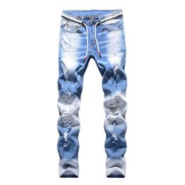 Unique Mens Distressed Ripped Slim Fit Jeans Fashion Designer spring summer Light Blue Biker Denim Pants Big size Motocycle Trouse276K