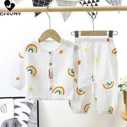 Pyjamas Kids Summer Boys Girls Thin Cartoon Three quarter Sleeve Cotton Yarn Shirts with Pants Baby Sleeping Clothes Sets 230407