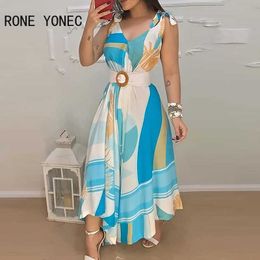 Casual Dresses Women Elegant Dress Tropical Print V Neck Tie Up Maxi Dress With Belt Casual Summer Dress P230407