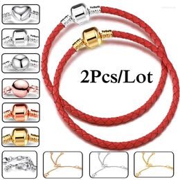 Charm Bracelets 2Pcs/Lot Fashion Red Leather Chain Fit DIY Beads Bracelet Bangles Pulsera Bijoux For Women Men Girls Wholesale