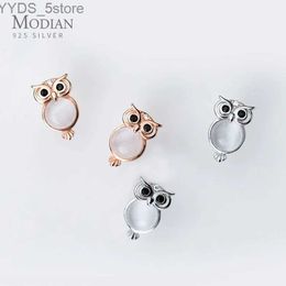 Stud Modian White Opal Cute Owl Ear Studs for Women Gift Authentic 925 Sterling Silver Rose Gold Colour Stud Earring Fashion Jewellery YQ231107
