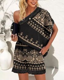 Women's Tracksuits Tribal Print Tassel Trim One Shoulder Top & Shorts Set 2023 Summer Two Piece Sets Women Outfits Casual