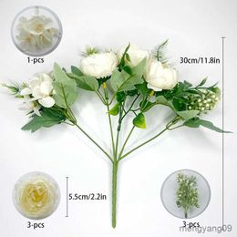 Christmas Decorations High Quality Artificial Silk Flowers White Peony Rose Fake Flower for Wedding Table Party Gift DIY Decoration 3 Heads Bouquet R231107