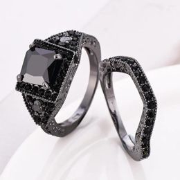 Cluster Rings 2pcs Eternity Solitaire Black Sapphire Cubic Zirconia Women Birthday Band Ring Set Female CZ Pave Engagement Party Jewelry