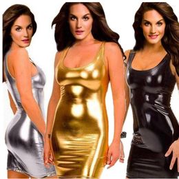 Casual Dresses Plus Size S-5XL Sexy Shiny PU Faux Leather Dress Wet Look Latex Mini Hip Skirt Lingerie Clubwear Erotic Fetish