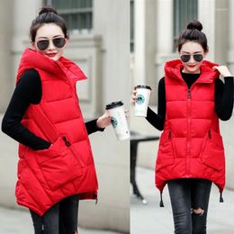 Women's Vests Solid Mid Length Down Cotton Vest Lady's Slimming And Fashionable Hooded Versatile Camisole With Pocket