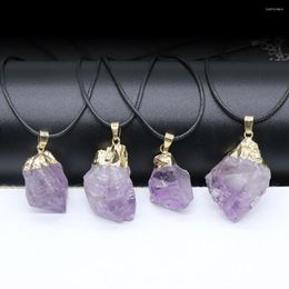 Pendant Necklaces Natural Stone Amethyst Crystal Tooth Cluster Rough Leather Rope Necklace Clothing Accessories