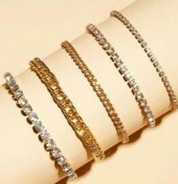 Anklets 5pc/set Vintage Link Chain Full Rhinestone For Women Girls Bohemian Leg Ankle Anklet Bracelet Beach Jewellery