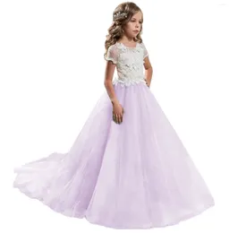 Girl Dresses A-Line Wedding Flower Lace Appliques Pageant Dress For Girls Short Sleeves Long Party Formal Gowns