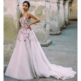 Colourful Floral Appliques Wedding Dresses Lace Backless A-Line V-Neck Sleeveless Boho Country Bridal