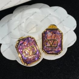 luxury V letters Purple designer stud earrings for women 18k gold silver shining diamond stone brand love earring earing party Jewellery Birthday Wedding Gifts
