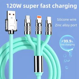 3-in-1 120w 6A super fast charging USB cable, suitable for iPhone, Android, and type-c charging interfaces.