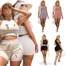 Womens Tracksuits Sexy Sleeveless Two Piece Short Set Outfits Fashion Letter Printed Pit Stripe Tank Top Shorts Sportswear